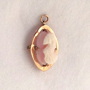 May include: A pink cameo pendant with a gold setting. The cameo features a carved design of a woman's profile.