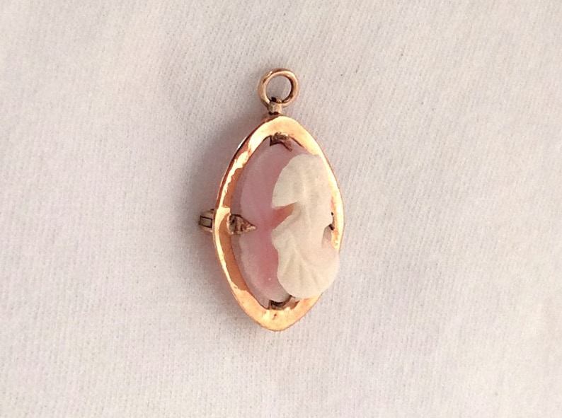 May include: A pink cameo pendant with a gold setting. The cameo features a carved design of a woman's profile.
