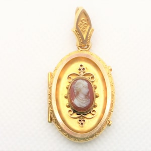 Estate 10k HEAVY Gold 9.3g Victorian Cameo Hardstone Locket Pendant for Necklace Chain 10 k 10kt with Glass Inserts Vintage Antique for Gift