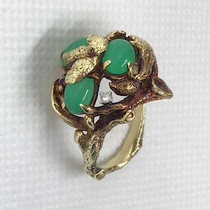 Estate 14k HEAVY 8.2g Gold Custom Jade Gem & Diamond Ring sz 8 Solid 14kt Marked 14 K Handmade Artists Cast Flower Leaves Great for Gift