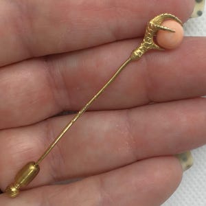Estate 14K Gold Genuine Coral Dragon / Eagle Foot Vintage Stick Pin Brooch 2-1/2&quot; long 2.5g Antique Lapel Stickpin for Man Woman Unisex Gift