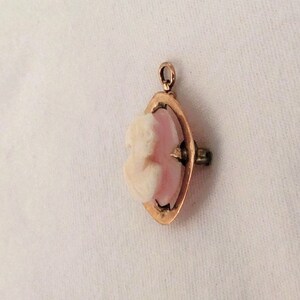 May include: A gold-toned pendant with a pink and white cameo featuring a floral design.