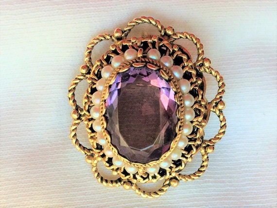 Estate 14k HEAVY 11.0g Gold Amethyst Pearl Pendan… - image 2