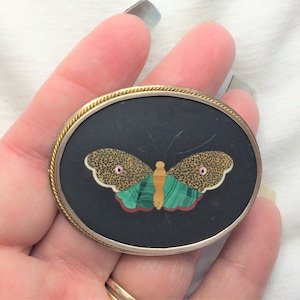 Vintage 9ct HEAVY 18.2g Gold Pietra Dura Mosaic Brooch Pin Estate BIG 2.25&quot; long 9K Antique Italy Italian Marble Gemstone Butterfly for Gift