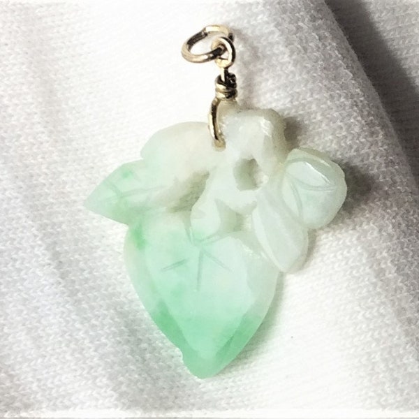 Estate 14K Gold Carved Genuine Jade Pendant Plum Fruit Open Carving 1.8g 2-sided Reversible 1-1/4" long 14kt for Necklace Green White Thin