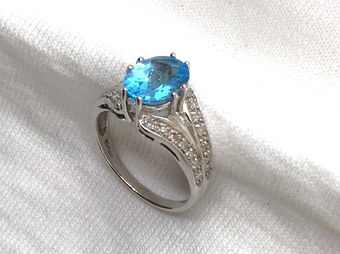 エステート 14K ホワイト ゴールド 本物のダイヤモンド & ブルー