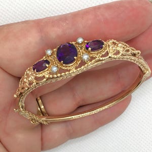 Estate 9ct HEAVY 17.5g Yellow Gold & Amethyst Gemstone Bracelet 6-1/4&quot; long Marked 375 9k UK Crown Hinged Rigid Bangle Looks Great for Gift