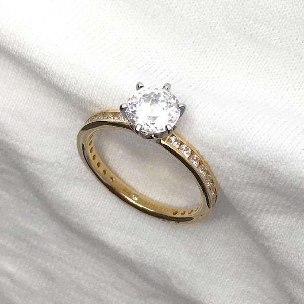 Estate 14K Yellow Gold 1.25 carat Solitaire CZ Diamond Ring & Band Engagement Wedding 3.1g sz 8-1/4 Marked 14 K 14kt Looks Great for Gift