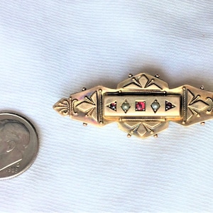 Estate 9ct Yellow Gold Pearl Ruby Vintage Bar Brooch Pin Filigree 1-7/8&quot; long 2.8g Victorian Marked W.N.C 9 ct kt 9k Art Deco England London