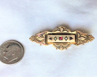 Estate 9ct Yellow Gold Pearl Ruby Vintage Bar Brooch Pin Filigree 1-7/8" long 2.8g Victorian Marked W.N.C 9 ct kt 9k Art Deco England London