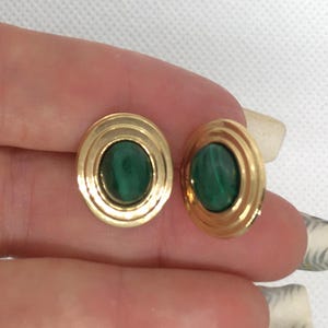 Estate 14K Yellow Gold Green Malachite Gemstone Oval Pierced Earrings 2.5g Marked 14 k 14kt Genuine Gems Look Great for Vintage Gift Mom