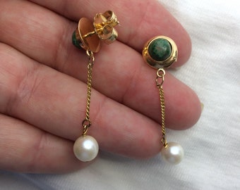 Estate 14k Gold Handmade Chalcedony Pierced Post Earrings Custom 5.3g Heavy Marked 585 14kt Pearl Dangle on Chain Big Clasps Great for Gift