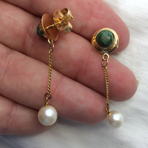 Estate 14k Gold Handmade Chalcedony Pierced Post Earrings Custom 5.3g Heavy Marked 585 14kt Pearl Dangle on Chain Big Clasps Great for Gift