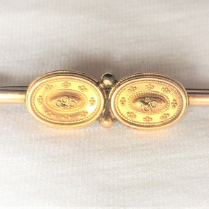 Estate 9ct 9k HEAVY Yellow Gold Vintage Bar Brooch Pin Filigree 2&quot; long 4.2g Victorian Marked 9c M&M 9 ct kt Antique 2 Oval Shields England