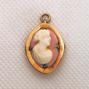 May include: A gold-toned pendant with a cameo of a woman's profile in white against a pink background.
