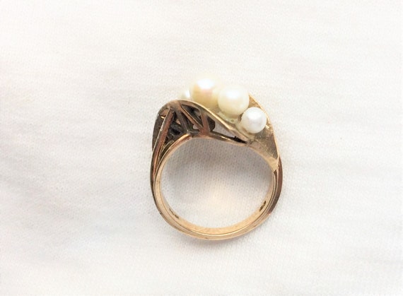 Estate 10k HEAVY Yellow Gold Genuine Pearl Ring 5… - image 8