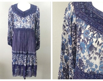 Vintage jaren 1970 Hippie Sheer BOHO katoen GAUZE India MIDI Multi Print Jurk California Dream M