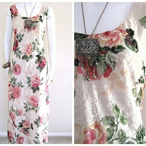 Vtg 80s 90s ROSES Burnout Deco Velvet Party WEDDING Maxi SLIP dress M/L