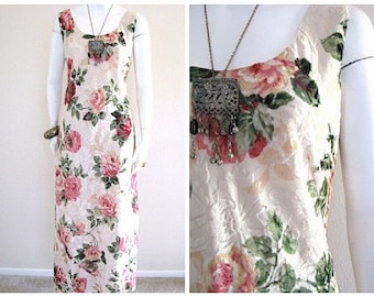 Vtg jaren 80 jaren 90 ROZEN Burnout Deco Velvet Party BRUILOFT Maxi SLIP jurk M /L