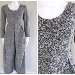 Vintage 80s DITSY Floral B&W Jednoczęściowy sweter z szerokimi nogawkami PALAZZO Spodnie plisowane Boho Kombinezon