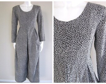 Vintage jaren 80 DITSY Floral B & W One Piece Scoop Jumper Wide Leg PALAZZO Pant Geplooid Boho Jumpsuit