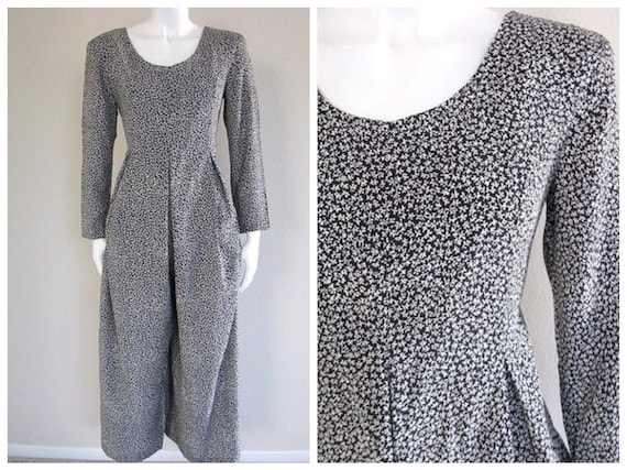 Vintage 80s DITSY Floral B&W One Piece Scoop Jumpe