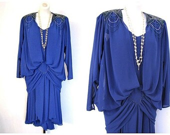 Vtg 80s Royal Blue gedrapeerde DECO Beaded FLAPPER Party Plunging Cocktail Midi Dress S/M