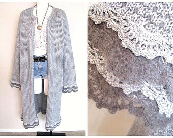 Vintage jaren '80 jaren '90 Moda GLAM Silver Boho Rockstar Metallic MOHAIR KNIT Oversized Maxi Hippie Sweater Coat Dress