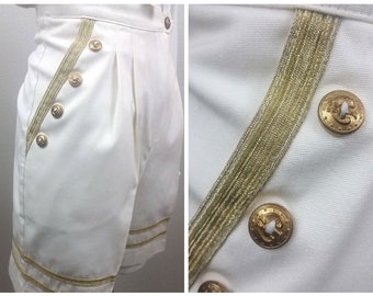 Vintage jaren '80 Hoge Taille GOUD Metallic Boho Geplooide Nautische Jurk MILITAIRE SHORTS M