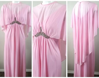 Vtg 70s Angel GRECIAN gedrapeerde roze Empire Beaded Cape Kaftan MAXI jurk S/M