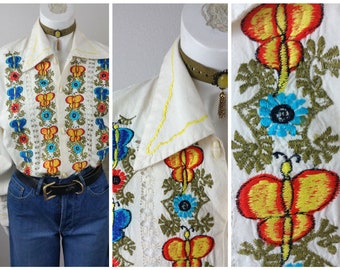 Vintage jaren '60 Hippie GEBORDUURDE Boer WOODSTOCK Haak Vlinder Flower Power Toggle Shirt Unisex