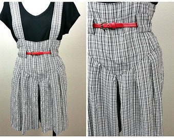 Vtg 70s jaren 80 B/W MINI Checker Romper SUSPENDERS Festival Party Shorts Playsuit S