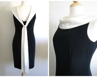 Vintage 80s B / W satinado drapeado TUXEDO Scoop COCKTAIL vaina mini vestido S