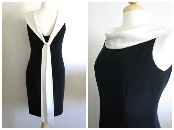 Vintage 80s B/W Satin Draped  TUXEDO Scoop COCKTA… - image 1