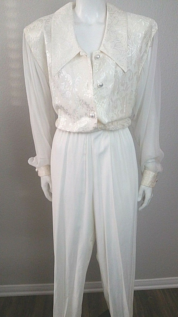 Vintage 70s 80s Ivory Sheer Lace DAMASK Party Boh… - image 2