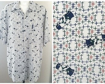 Vintage 80s 90s RETRO Guess Jeans LAVA Lamp Atomic Print Rayon Button Shirt Mens XL