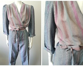 Vintage jaren 70 jaren 80 Crossover WRAP Cocktail Party MUTED STRIPES One Piece Playsuit Jumpsuit M
