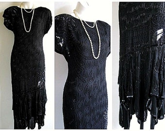 Vtg 80's Pailletten Zijde Kralen DECO Gedrapeerde GYPSY Cocktail FLAPPER Maxi Party Dress