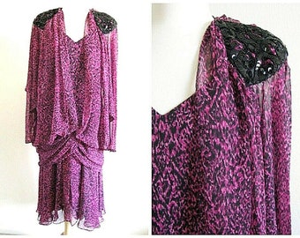 Vintage jaren '80 ROZE luipaardprint gedrapeerde Flapper pure slip pailletten MAXI jurk Drop taille M/L