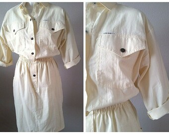 Vintage PALE Yellow 80s Casual Boho Picnic Festival Cotton SHIRT Mini Day Dress M