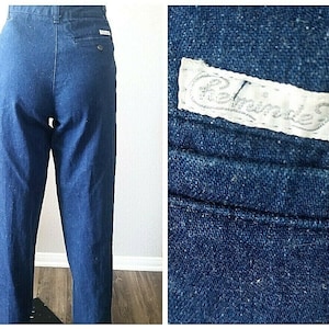 Vintage Retro BOHO 70s Hippie Chemin De Fer High Waist Blue Smooth Booty Jeans Denim Trousers Extra Long 24W x 33L