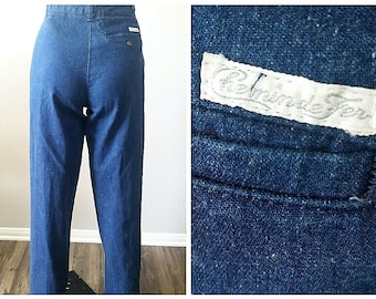 Vintage Retro BOHO jaren '70 Hippie Chemin De Fer High Waist Blue Smooth Booty Jeans Denim Broek Extra Lang 24W x 33L