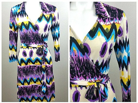 Vintage 80s Mod Multi Abstract Print Wrap Spandex… - image 1