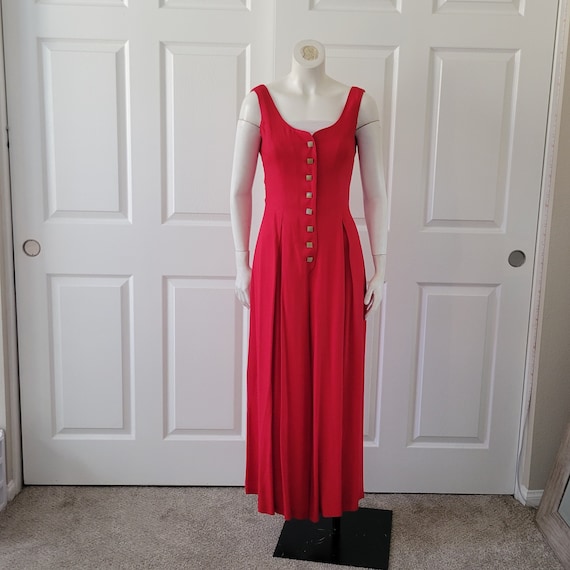 Vintage 80s Red Jumpsuit Wide Pleated Palazzo Pan… - image 1