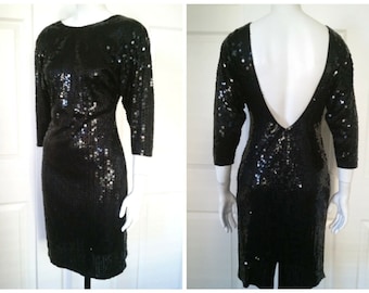 Vintage 80s 90s Oleg Cassini lentejuelas WIGGLE Bodycon Cocktail Party MINI vestido Plunging DEEP V Back