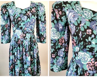 Vtg 80s Puff Boho SWEETHEART Secretaresse DOLLY Party TEAL Floral Mini Dress S/M
