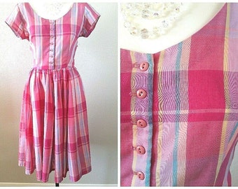 Vintage jaren '80 ROZE GERUITE Jurk Pin Up Rockabilly Scoop Swing Check Retro Shirtjurk MOD M/L