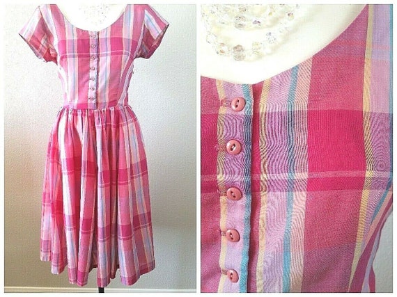Vintage anni '80 PINK PLAID Dress Pin Up Rockabilly Scoop Swing Check Retro  Shirtdress MOD M/L - Etsy Italia