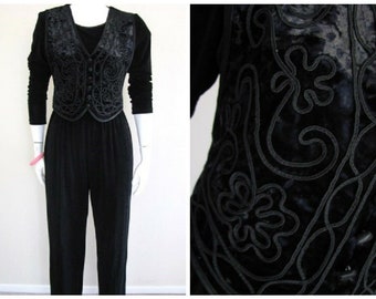 Jaren '70 Boho Catsuit TUXEDO Hippie Cocktail Playsuit VELVET Jumpsuit Soutache Trim Party VEST One Piece S