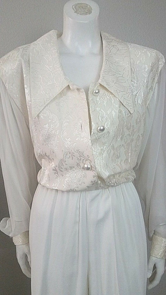 Vintage 70s 80s Ivory Sheer Lace DAMASK Party Boh… - image 3